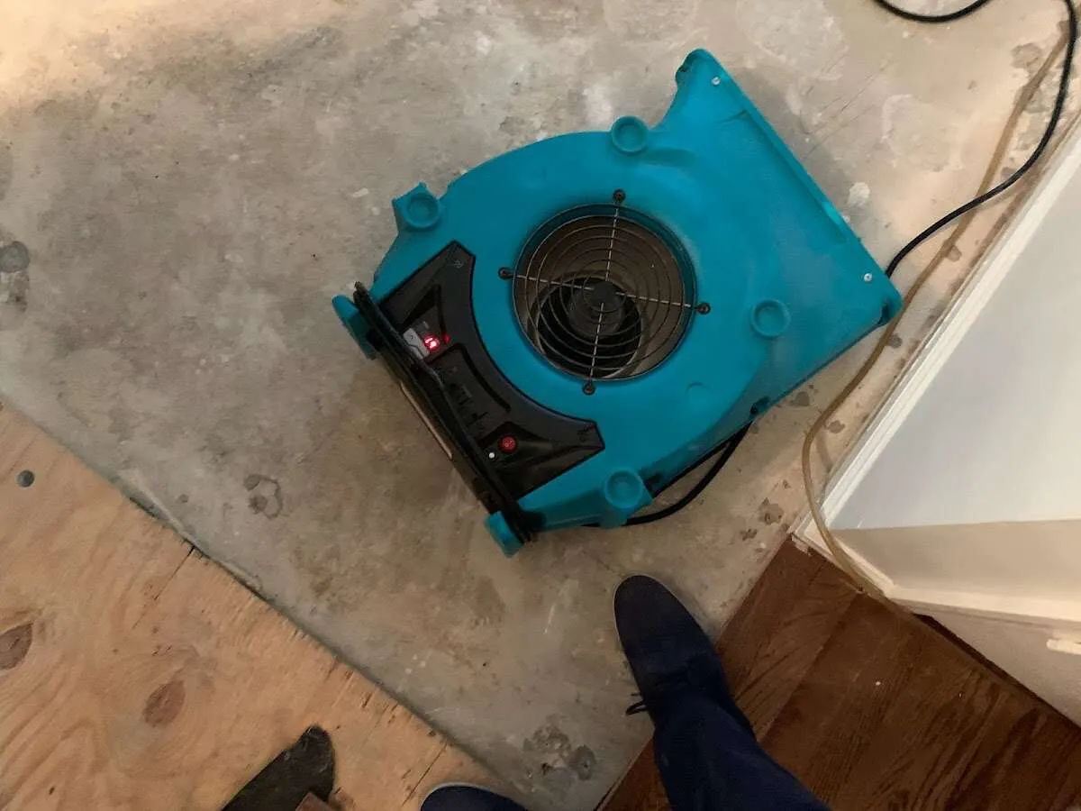 Air mover drying subfloor during Commercial Water Damage Restoration in Wildwood
